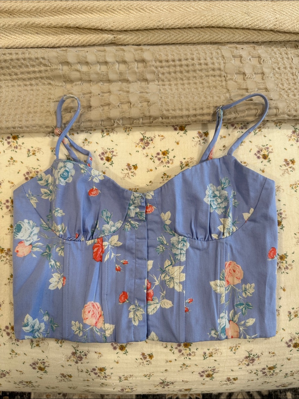 Zara Blue Floral Corset Crop Top with Red & Pink Roses